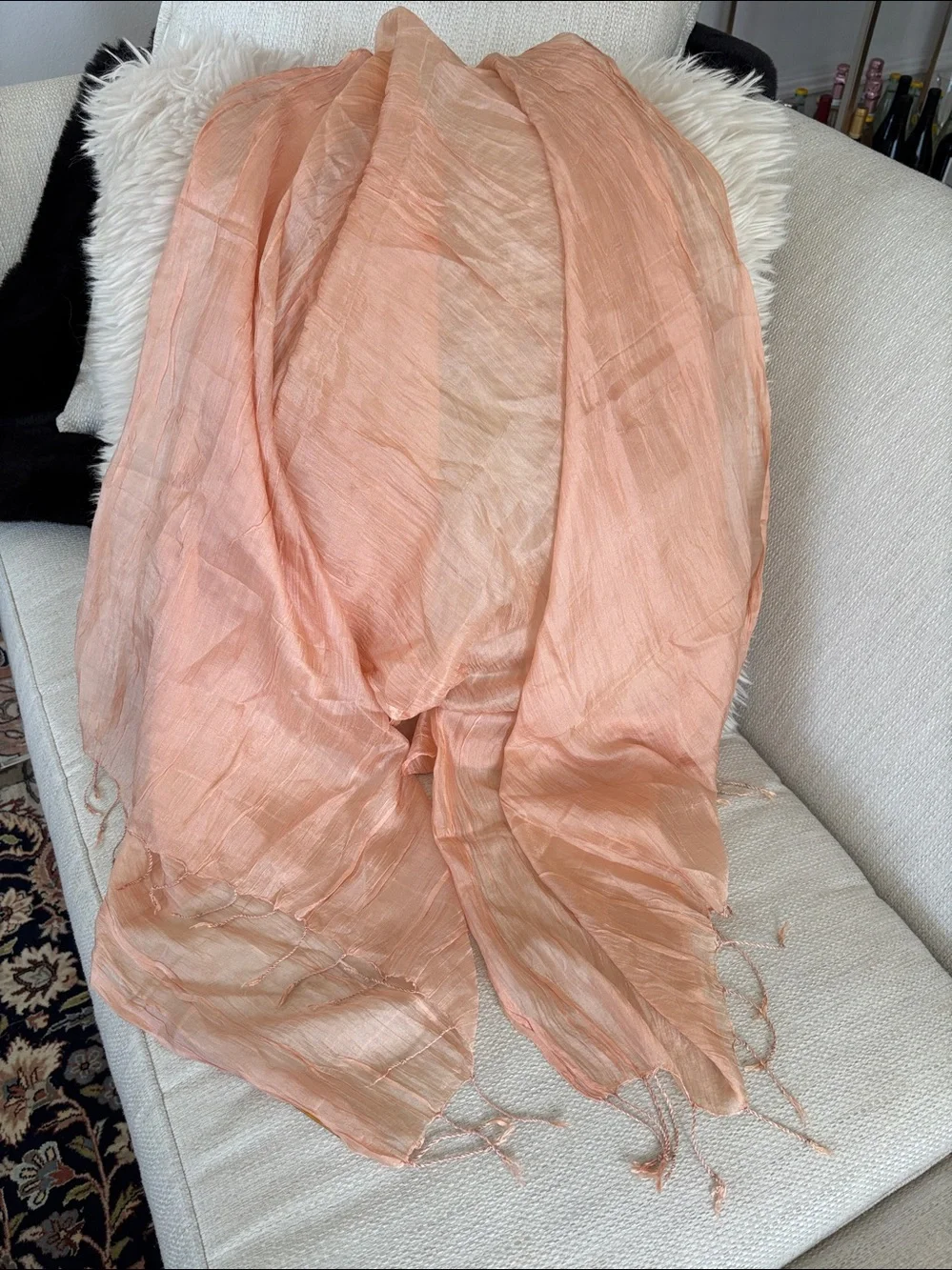 NWOT Peach Paisley Road 100% Silk Scarf Tassled Edges 30x64